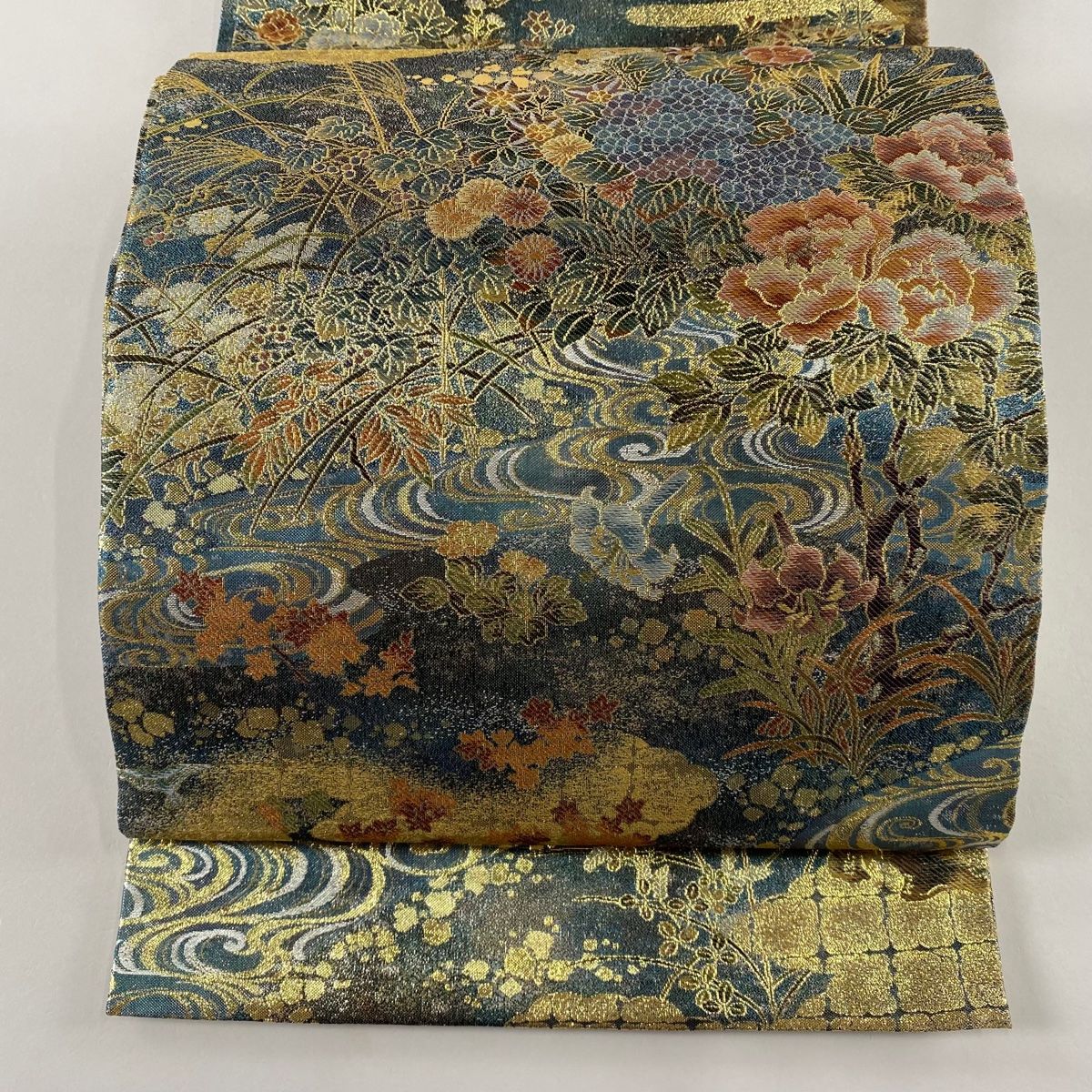 丸帯 花鳥画の四季 流水 金糸 箔 青緑 正絹