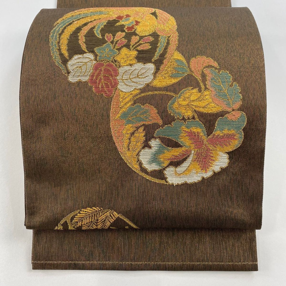 袋帯 美品 秀品 洛風林 落款 花丸文 鳥丸文 金糸 箔 焦茶色