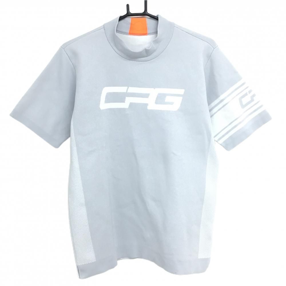 【超美品】CPG 半袖ハイネックセーター ライトグレー×白 ロゴ ストレッチ ニット メンズ M ゴルフウェア CPG 超美品】CPG 半袖ハイネックセーター ライトグレー×白 ロゴ