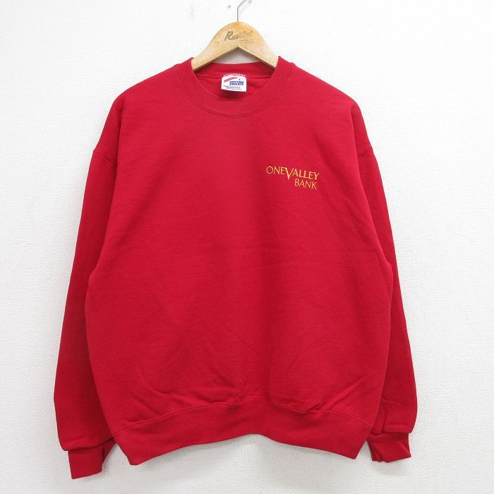 L/古着 ジャージーズ 長袖 スウェット メンズ 90s ONEVALLEY BANK 鹿の子 クルーネック 赤 レッド 24sep09 中古 スエット トレーナー トッ