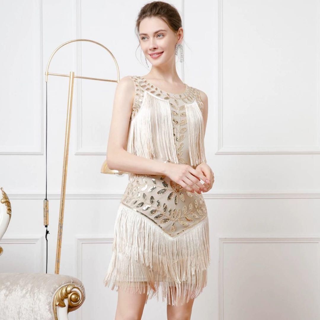 ♥ フリンジ-スパンコールで華やかワンピース