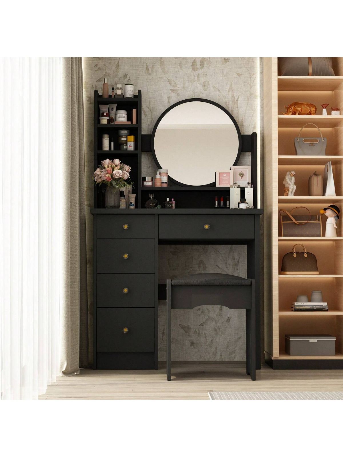 ドレッサー コンパクト ドレッサー 幅80cm おしゃれ 黒 スツール 姫系