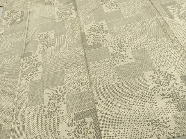 平和屋着物▽本場大島紬 単衣 白大島 120亀甲 色紙草花文 正絹 逸品 未