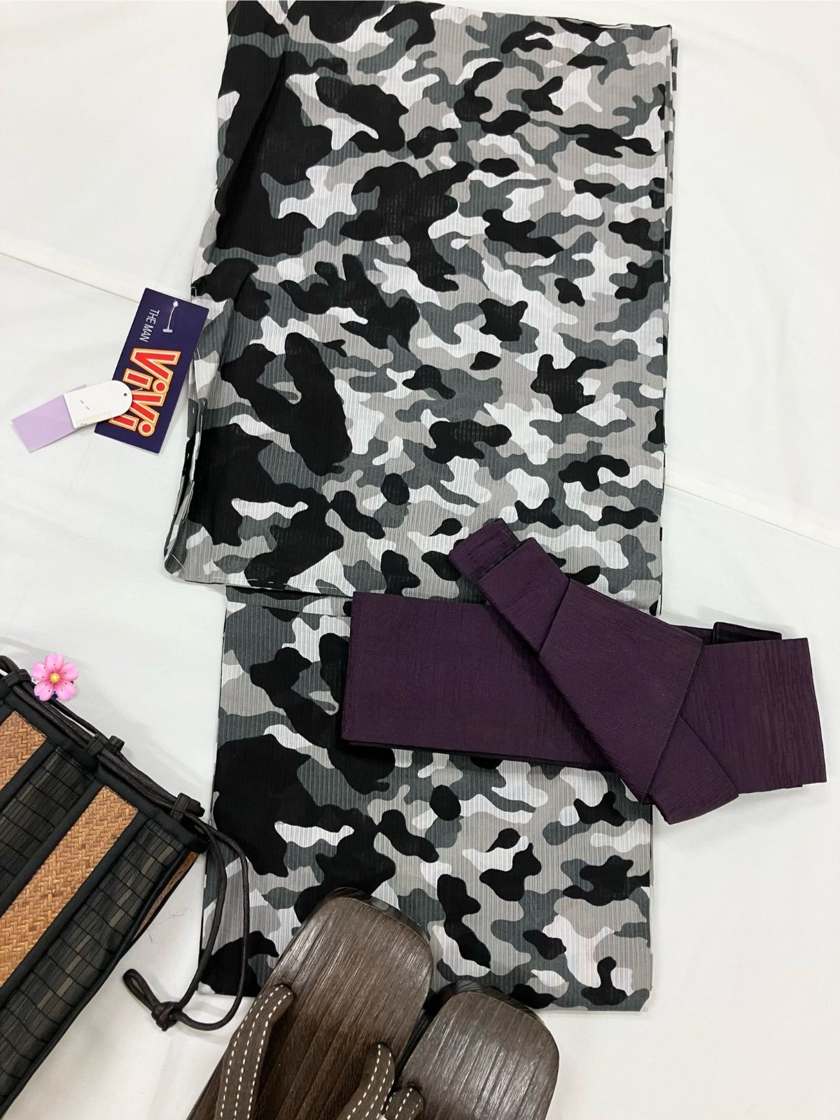 ≪花ラブリ≫ 現品限り MYLL337BLA 浴衣 メンズ 男性 Mサイズ LLサイズ 迷彩柄 黒 グレー 白 綿１００％ 着物 和装 透け感 夏祭り 花火大会