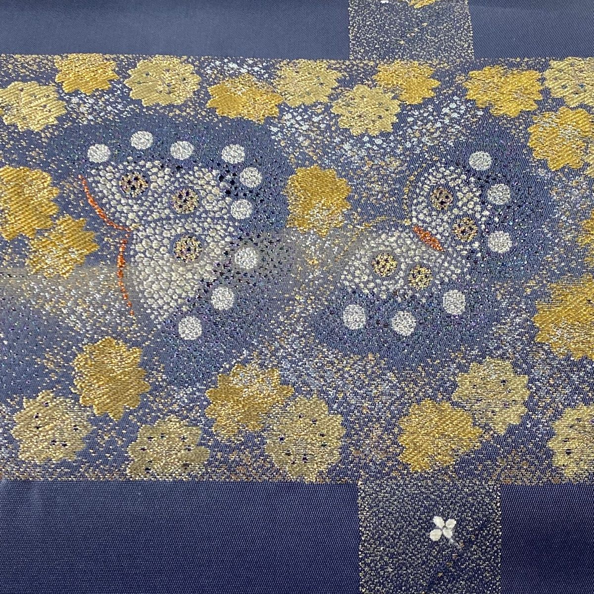 (最終市) No.2406 未使用シリーズ正絹菱縞箔袋帯　超美品 袋帯 美品 秀品 蝶 花 金銀糸 箔 青灰色 六通 正絹 【中古