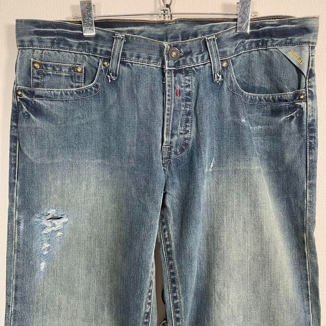 00s Replay ヴィンテージ加工 ダメージデニム ワイドジーンズ Y2K グランジ サイズ36 XLサイズ