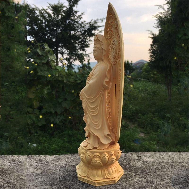 仏像 オブジェ 置物 蓮観音 ツゲの木 木彫り 彫刻 開運 幸運