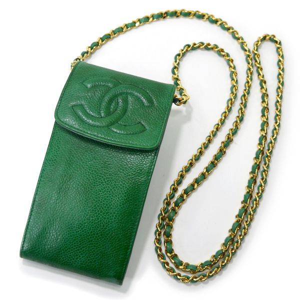 OLD CHANEL ココマークステッチ マルチケース（緑/キャビアスキン