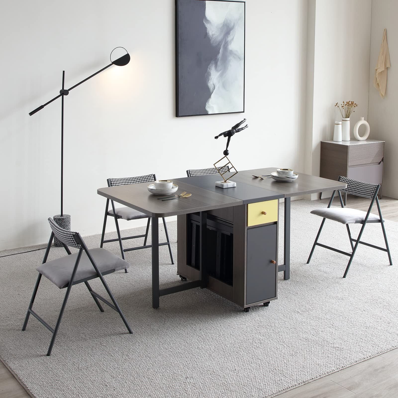 折りたたみダイニングテーブル、物置棚と2つの物置引き出し付きの