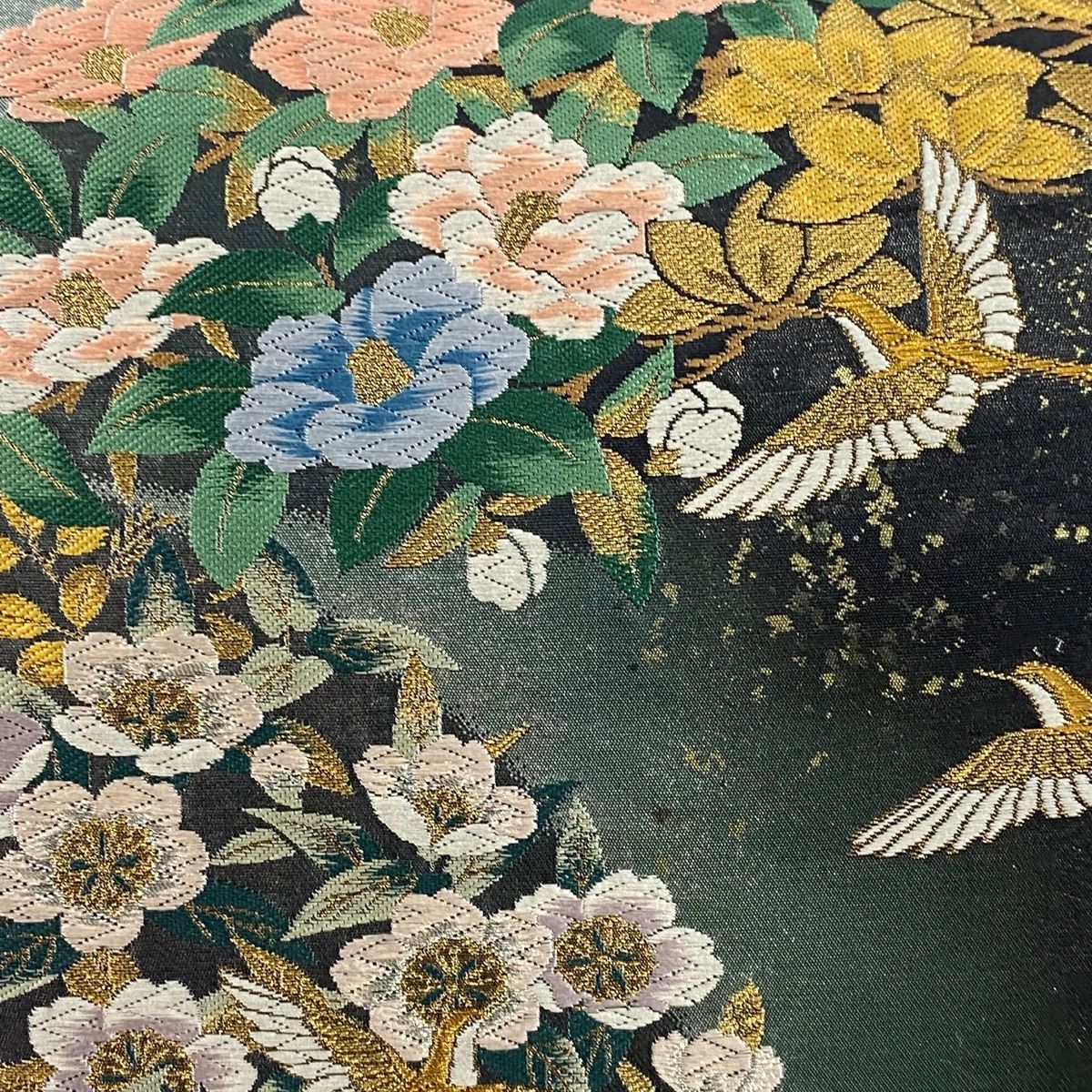 袋帯 美品 秀品 落款 鳥 草花 金銀糸 唐織 灰緑 六通 正絹