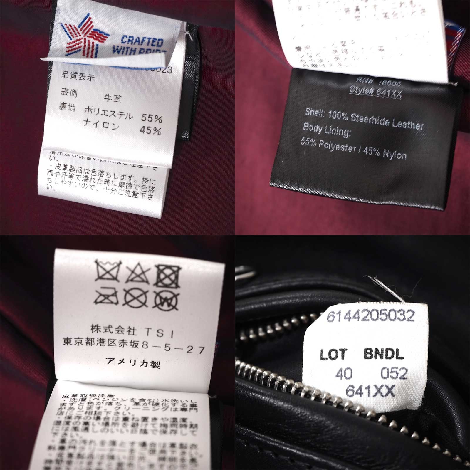 △美品 ショット Schott USA製 現行 641XX シングル レザー ライダース 