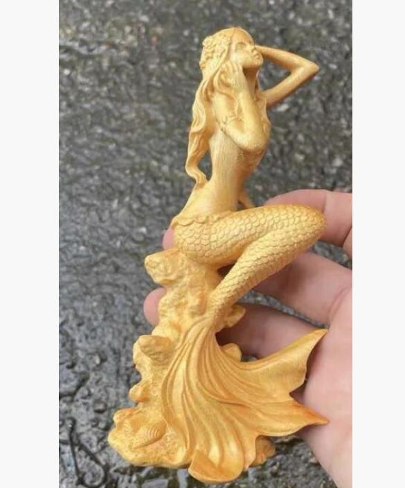 黄楊木彫り人魚姫置物実木彫刻