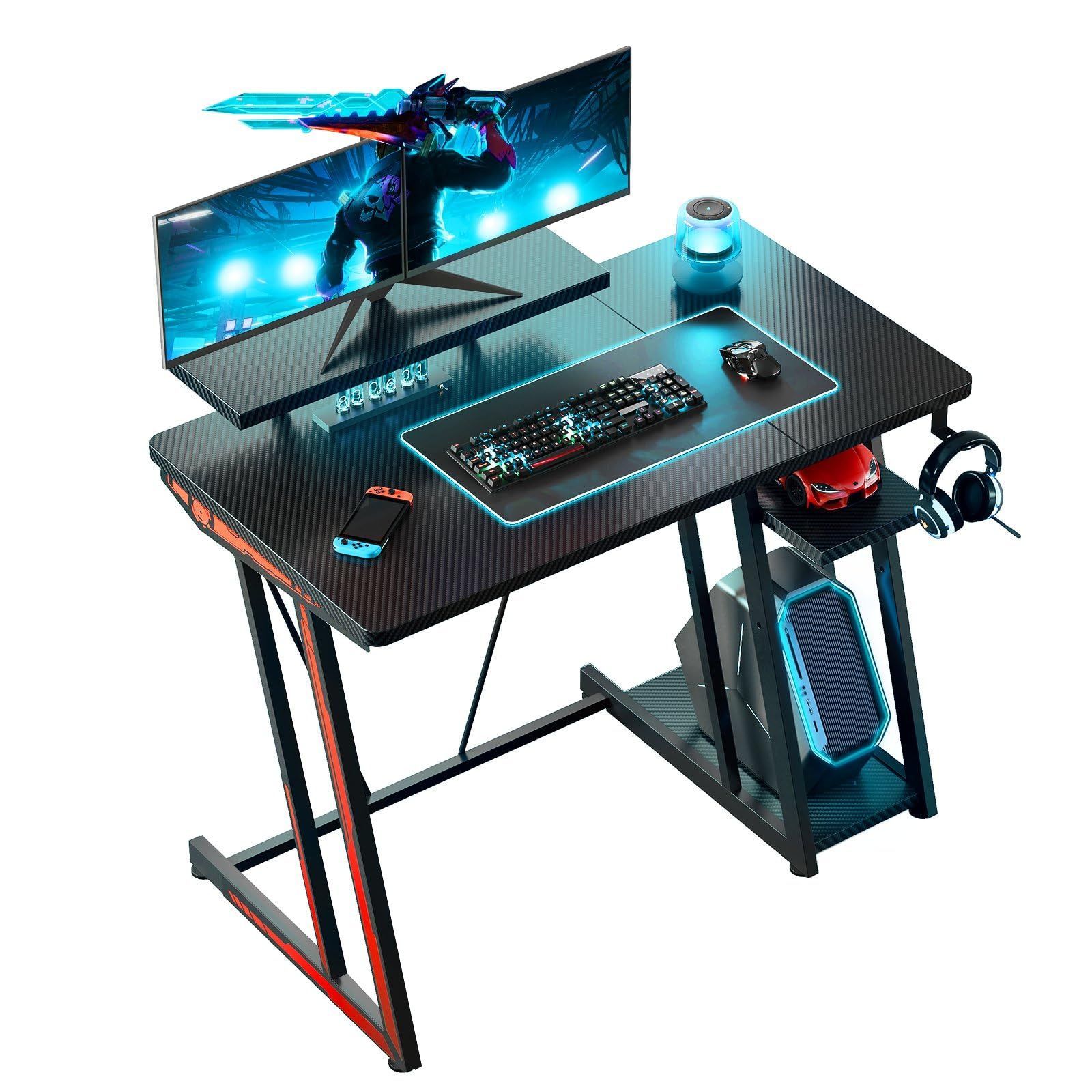 YeTom ゲーミングデスク 100cm 2段収納棚付き 高さ調整 カーボン製ゲームデスク 60cmモニター支架 eスポーツ 在宅ワーク対応 ブラック