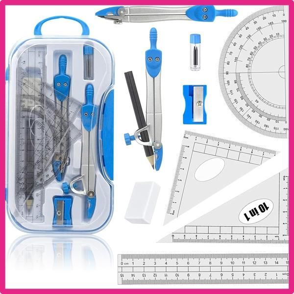 URGDWEKJY コンパスセット 7ピース 数学幾何学用コンパスセット 描画コンパス分度器とコンパスセットと収納ボックス定規消しゴ コンパスセット  算数幾何学キット 8個 学生用品 飛散防止収納ボックス付き エンジニアリング 図面 コンパス 分度器 定規 図面コン 幾何学コンパス/学生用数学セット 飛散防止収納ボックス付き 学校/オフィス文房具セット(4箱)コンパス描画ツール