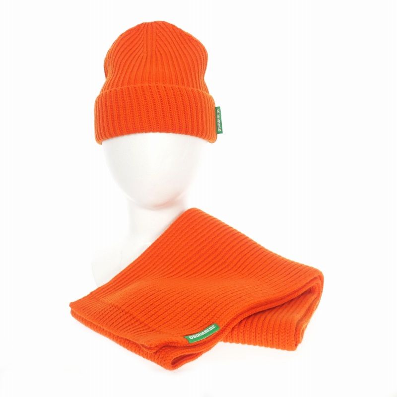 ディースクエアード DSQUARED2 22AW ONE LIFE ONE PLANET ウールマフラー-ニットキャップ 2点セット オレンジ S82KN0065 正規