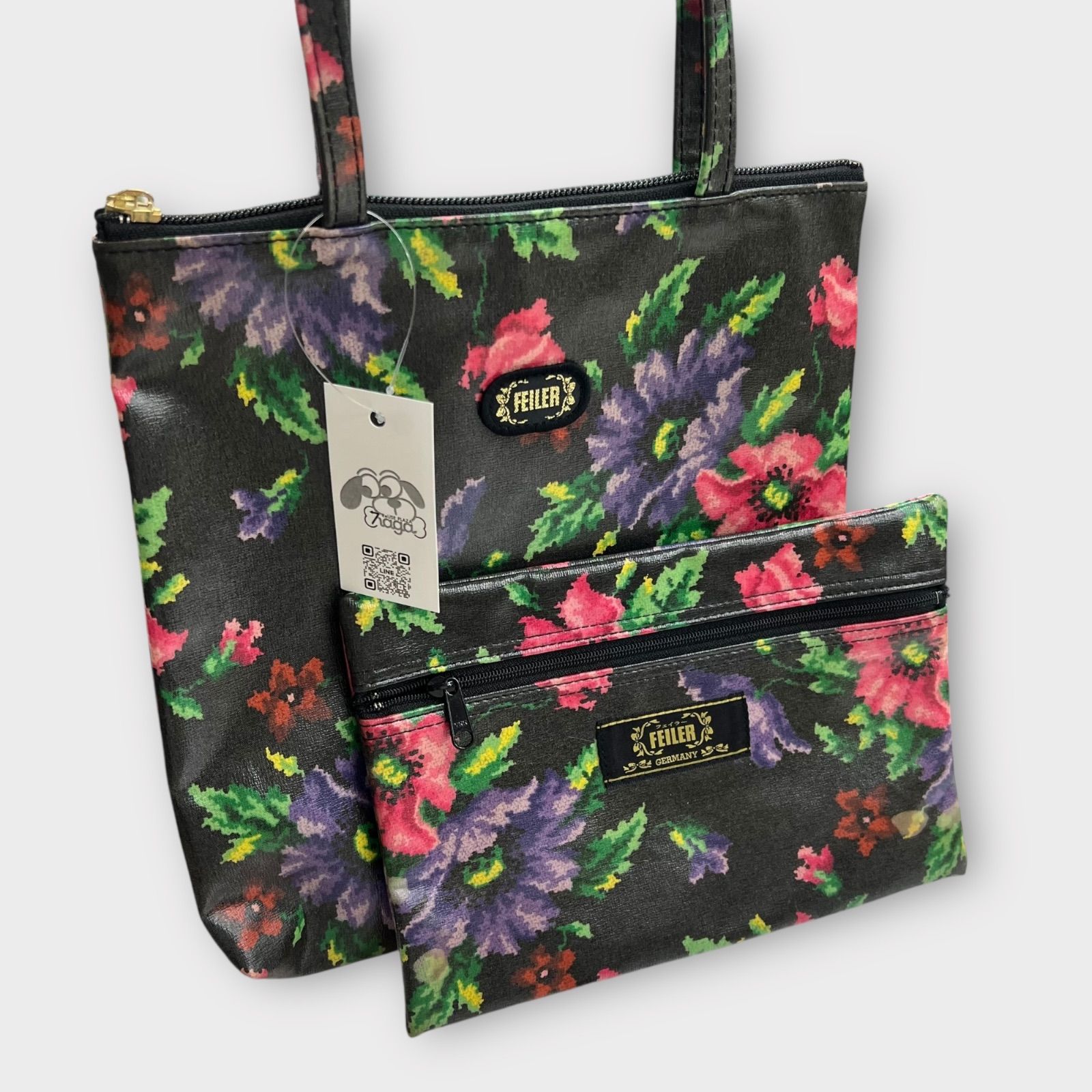 FEILER フェイラー ポーチ付き トートバッグ 花柄 PVC ブラック