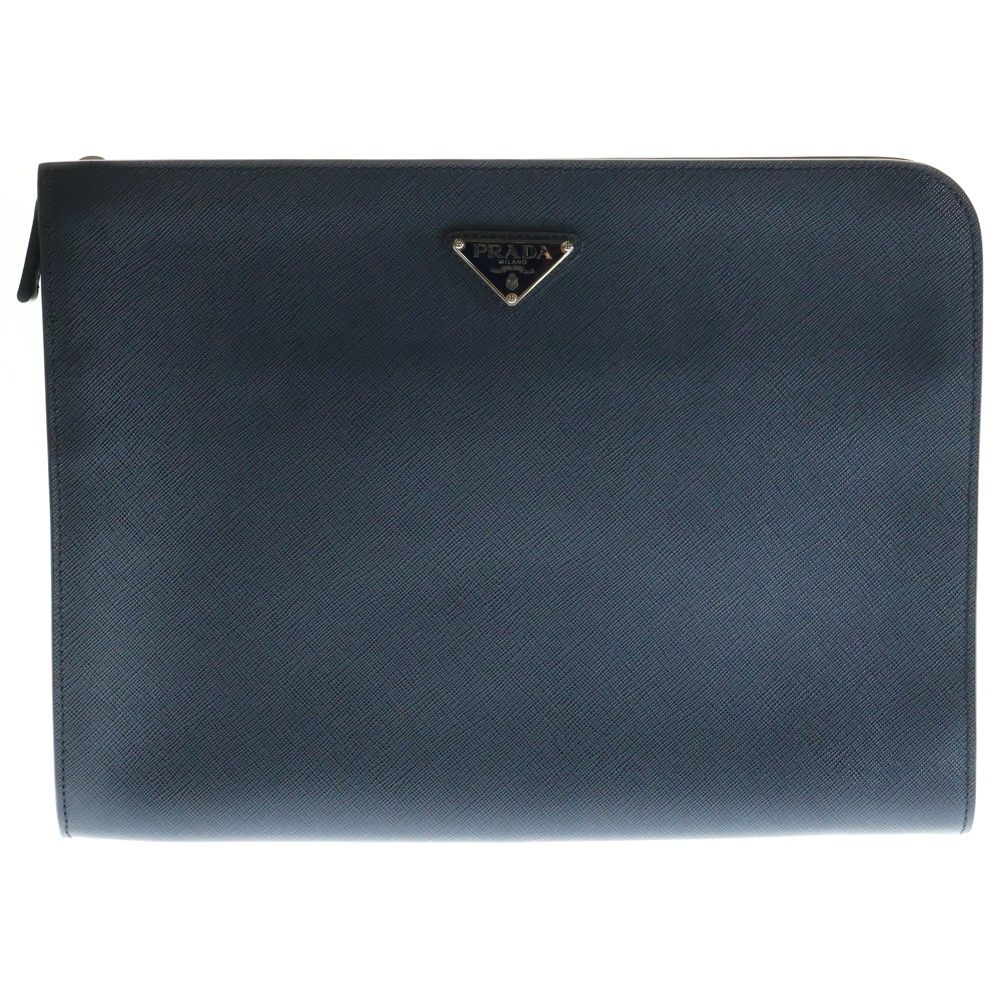 PRADA プラダ サフィアーノ クラッチバッグ セカンドバッグ ポーチ ケース シルバー金具 ネイビー レザー
