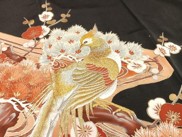 平和屋着物●豪華黒留袖　刺繍　鳳凰花唐草文　金銀彩　正絹　逸品　CAAR0826gh 平和屋着物○豪華黒留袖 刺繍 鳳凰花唐草文 金銀彩 正絹 逸品