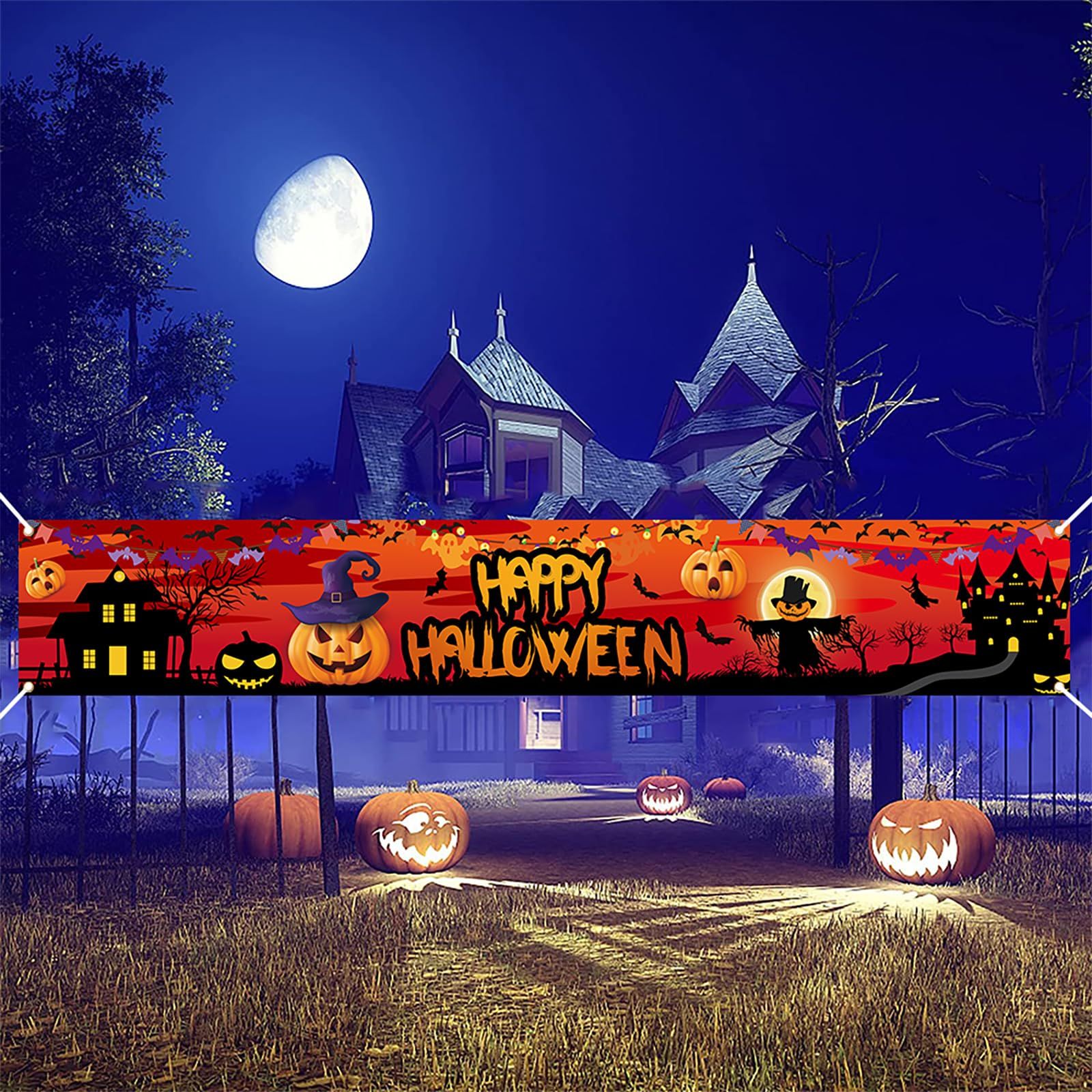 ハロウィン背景 墓地 お化け屋敷 背景幕 怖いパンプキンランプ 夜 満月