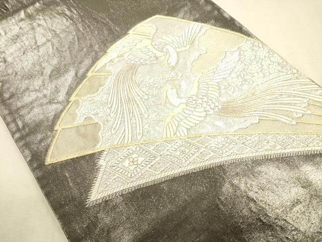 平和屋着物◎六通柄袋帯 扇面花鳥文 金糸 引箔 正絹 逸品