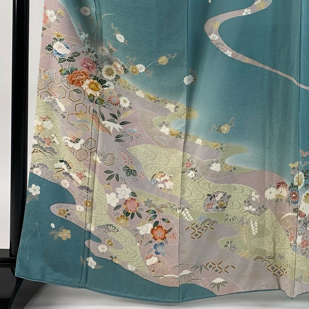 訪問着 身丈165.5cm 裄丈65.5cm M 袷 松竹梅 金糸 金銀彩 薄緑 正絹