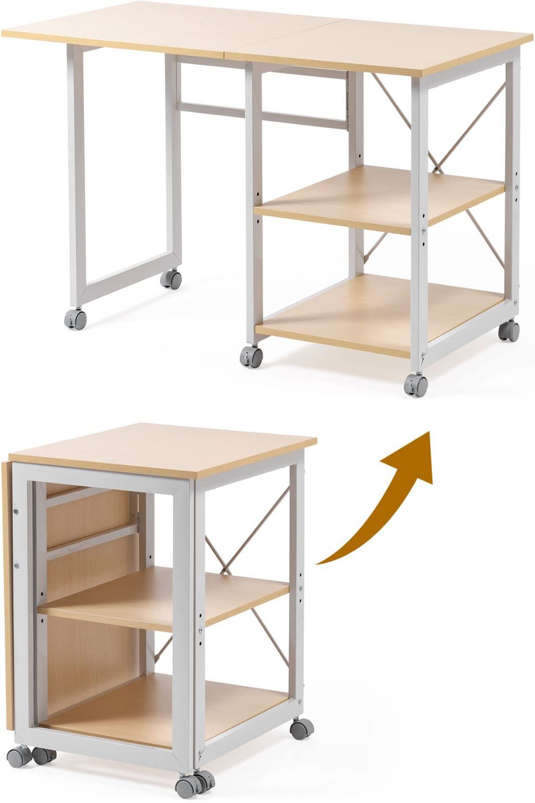 サンワダイレクト 折りたたみデスク 作業台 キャスター付き 幅107×奥行55cm 耐荷重40kg 収納棚付き 中棚3段階高さ調整 ライトブラウン