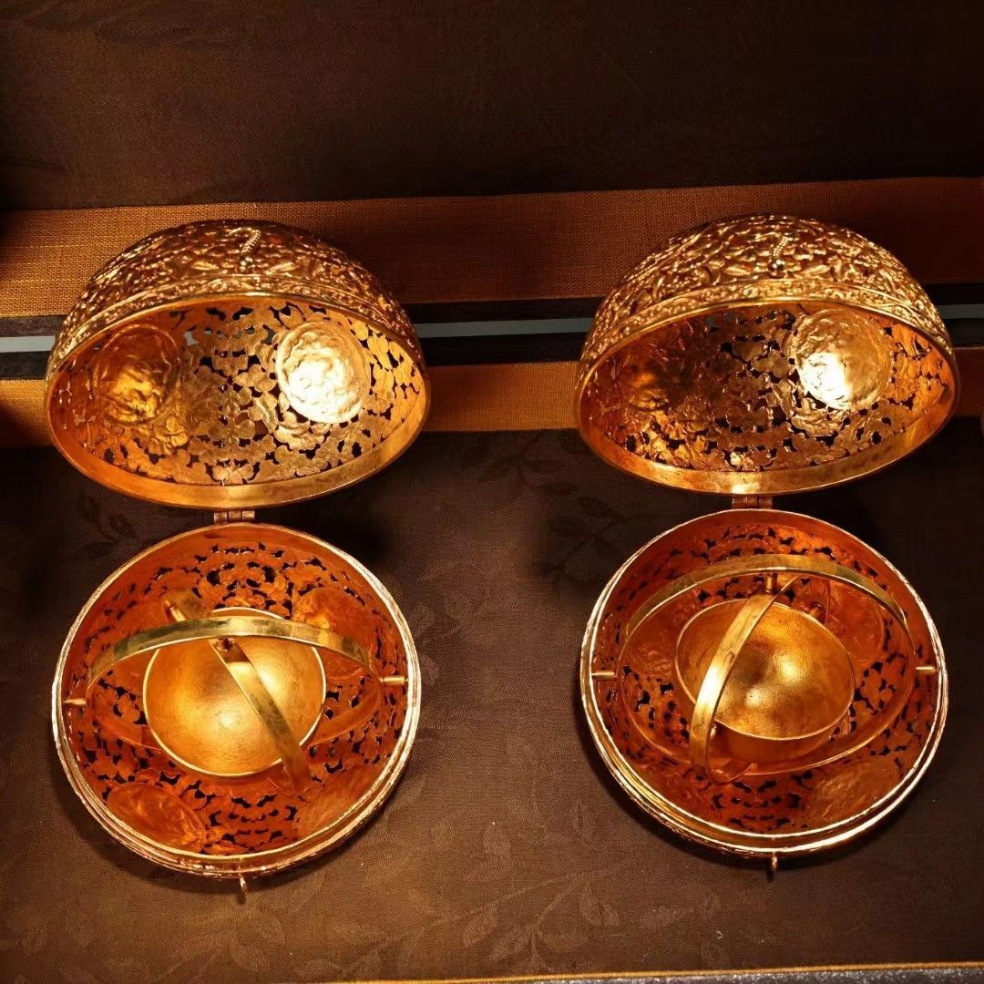 中国古玩·珍品旧蔵·銅製·鏨刻·鎏金·透かし彫り·熏香炉·中国古