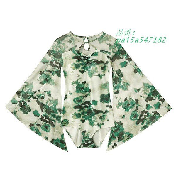 S-Mサイズ】新品JOAN社交ダンス 緑色ヒョウ柄ドルマン袖トップスs047