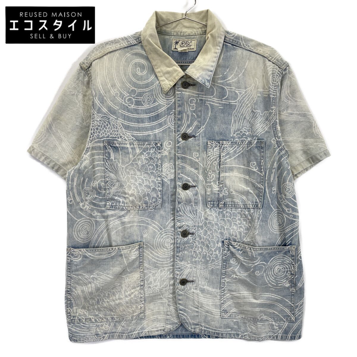 RRL ダブルアールエル ﾗｲﾄﾌﾞﾙｰ 総柄 ﾃﾞﾆﾑ 半袖ｼｬﾂ M