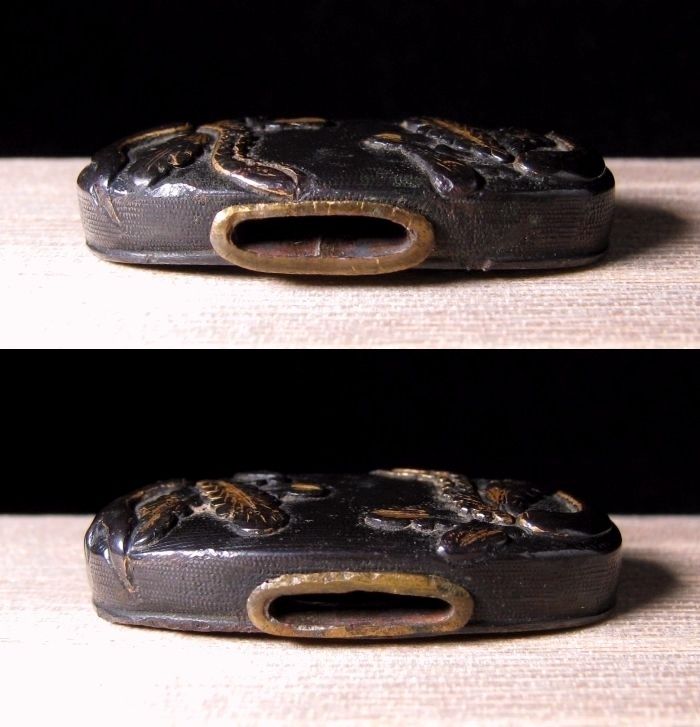 【雪】蔵出品 赤銅地 魚々子 虫菊図 象嵌 緑頭 拵金具 武具 刀装具 時代武具 刀装具 赤銅魚々子地 兜図 象嵌 頭 栗形 TK110