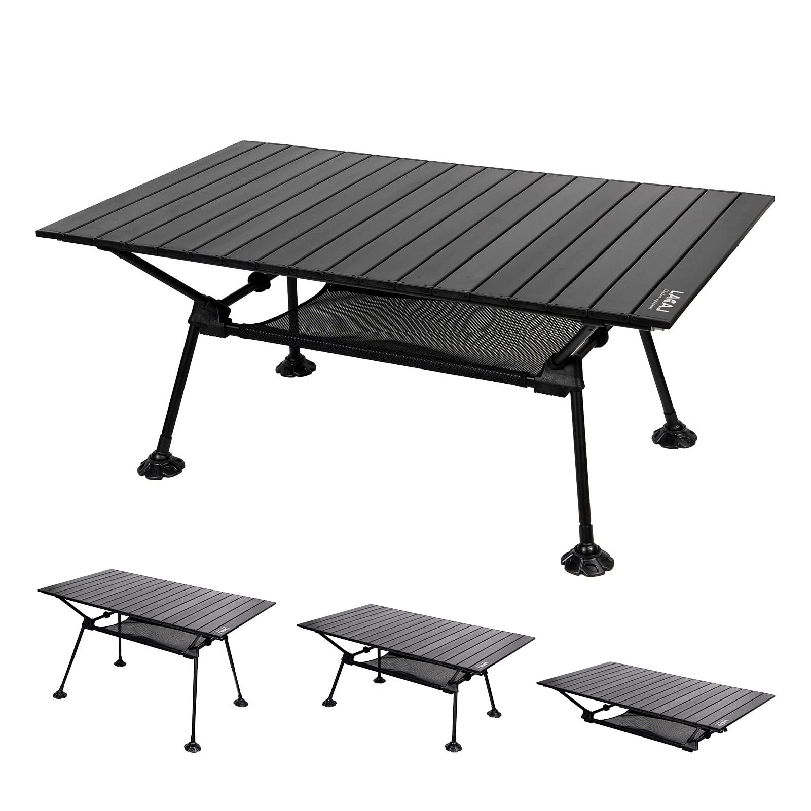 送料無料 LACAL アウトドアテーブル ロールテーブル キャンプテーブル 3階段高さ調整 折り畳み式 幅126cm 耐熱天板 簡単組立 BBQ アウトドア用