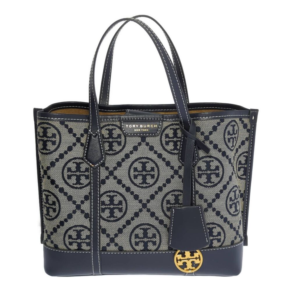 TORY BURCH トリーバーチ モノグラム柄 キャンバス レザー 2WAY ハンド ショルダー バッグ/ベージュ×ネイビー【オールシーズン】【♀】【B】【レディース】★■543948【中古】