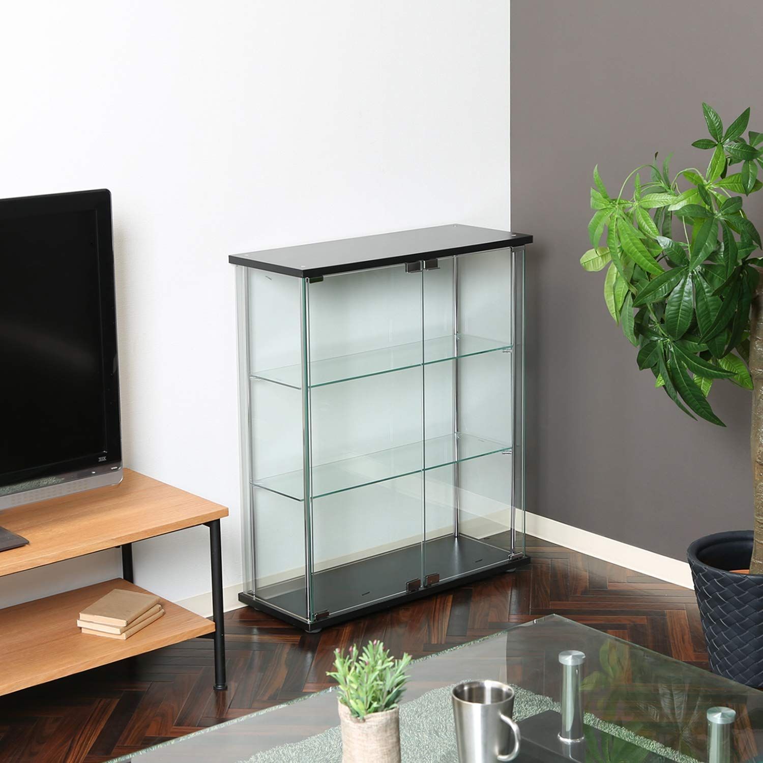 組立商品 全面ガラス ワイドタイプ 99479 強化ガラス ブラック 幅70×奥行28×高さ86cm 3段 フィギュアケース ケース 不二貿易