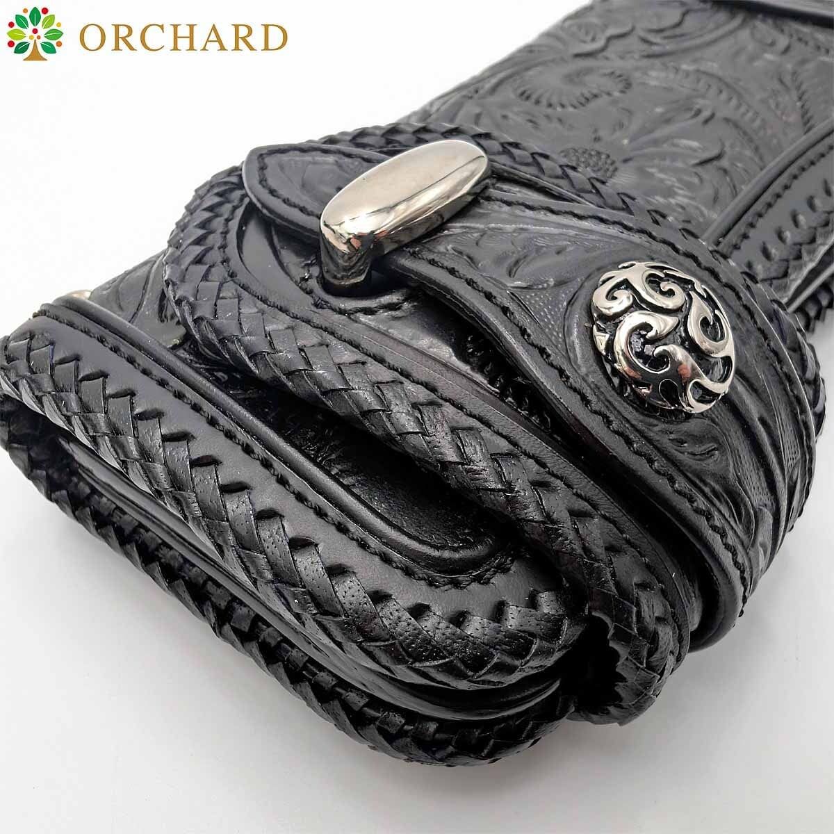 バイカーズウォレット フラワーカービング カウレザー コンチョ 長財布 メンズ レディース ブラック