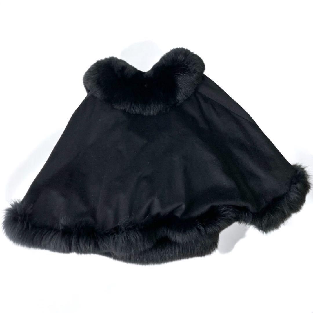 カシミア100% フォックスファー 毛皮 ケープ ポンチョ マント 黒 M