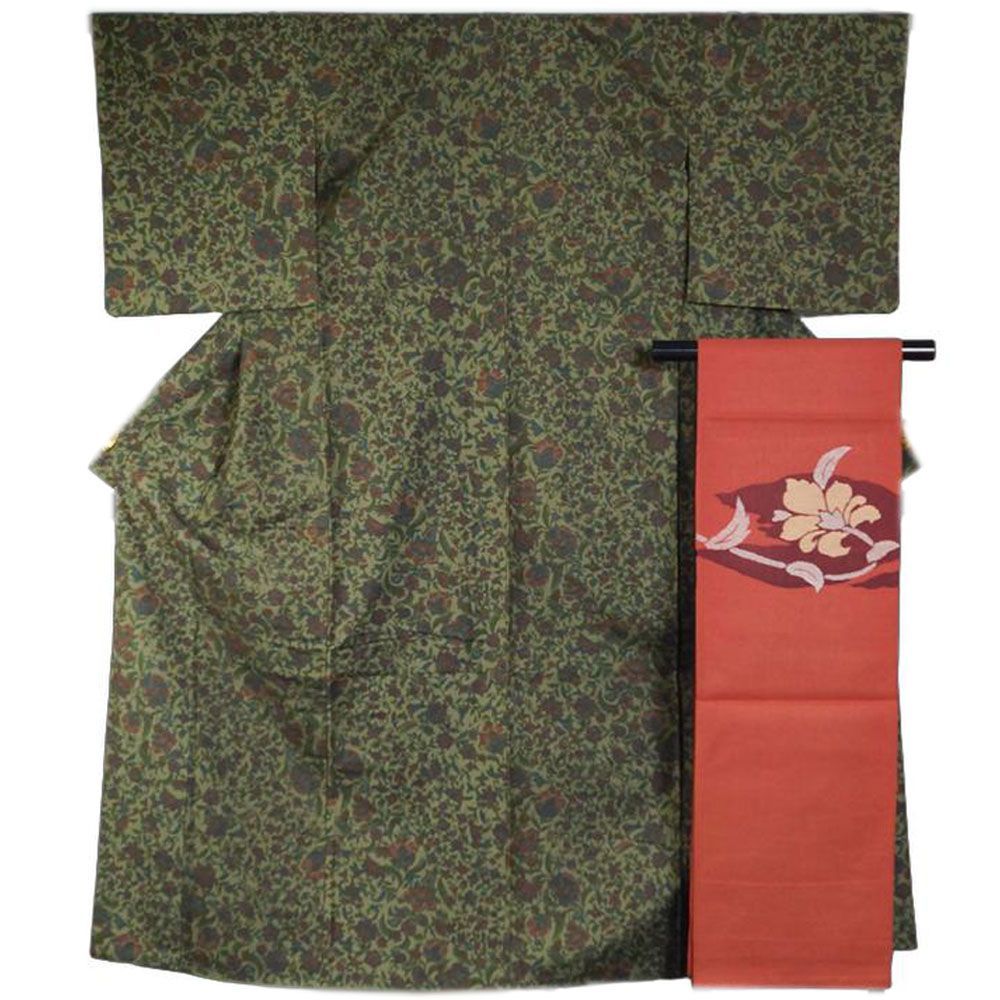 着物セット 紬・八寸名古屋帯 2点 セット 唐花・更紗模様 S