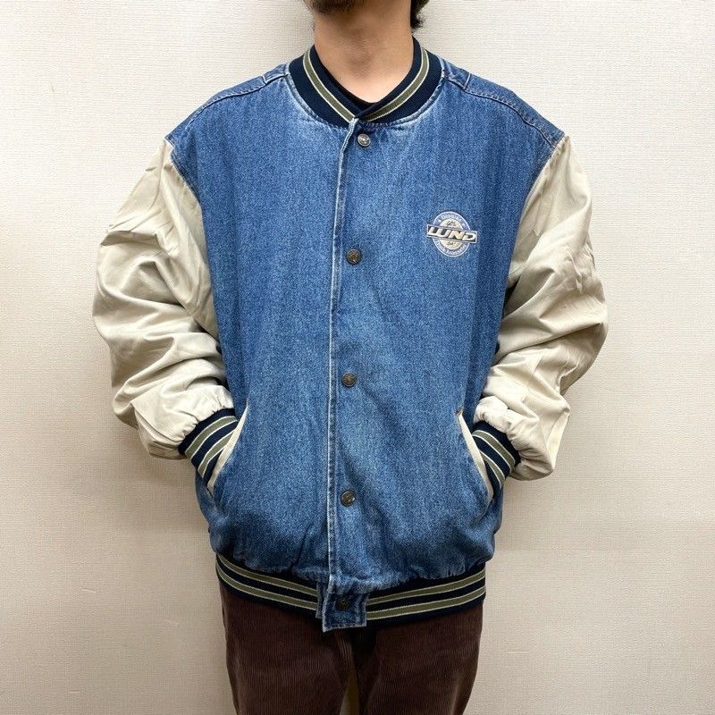 古着 刺繍ロゴ 切替デニムスタジャン インディゴ ベージュ オーバーサイズ トライマウンテン Tri・Mountain デニム スタジャン