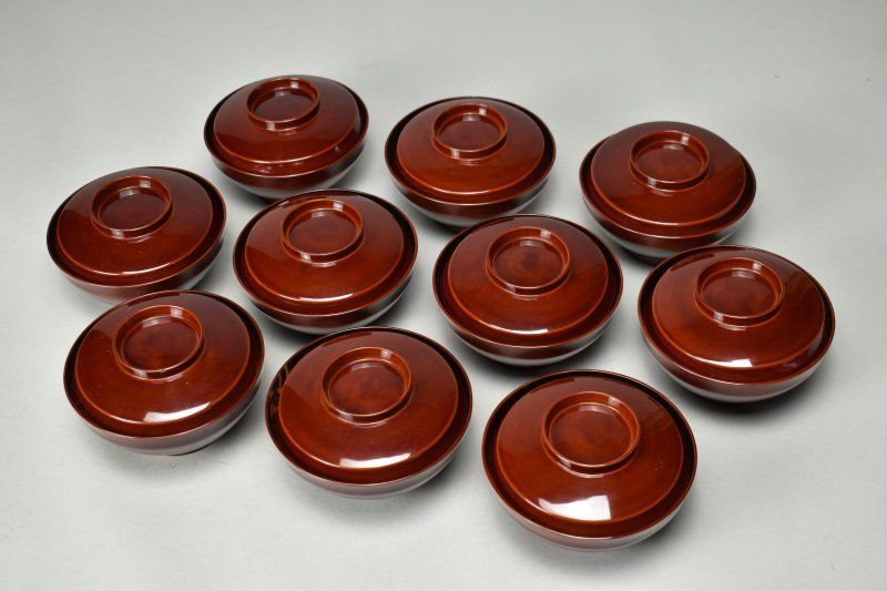 蔵A5590b 木製溜塗 見返蒔絵 吸物椀 汁椀 十客