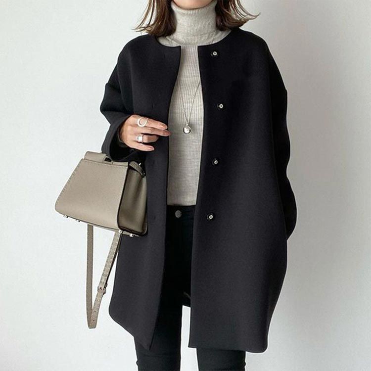 【極美品】ザラベーシック　ノーカラーコート ロングコート　ツイード　ブラック　M ザラ ZARA ツイードロングジャケット 総裏地 USAXS ブラック /DO