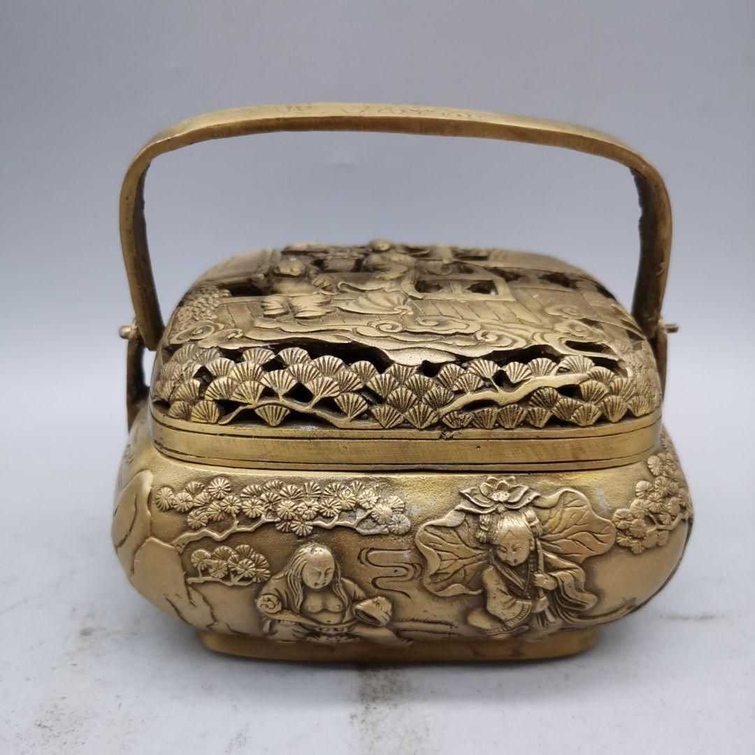 銅器 浮彫二仙香薫炉 手提げ暖手炉 香炉 香道具 装飾品 工芸品 置物 銅器 浮彫二仙香薫炉 手提げ暖手炉 香炉 香道具 装飾品 工芸品