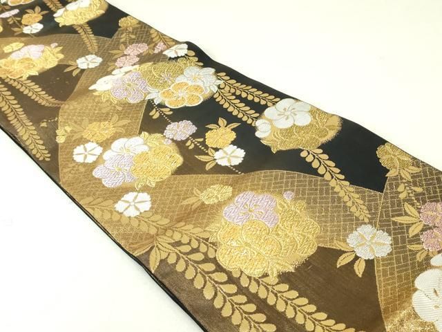 平和屋着物○六通柄袋帯 唐織 枝垂れ藤花丸文 黒地 金銀糸 正絹