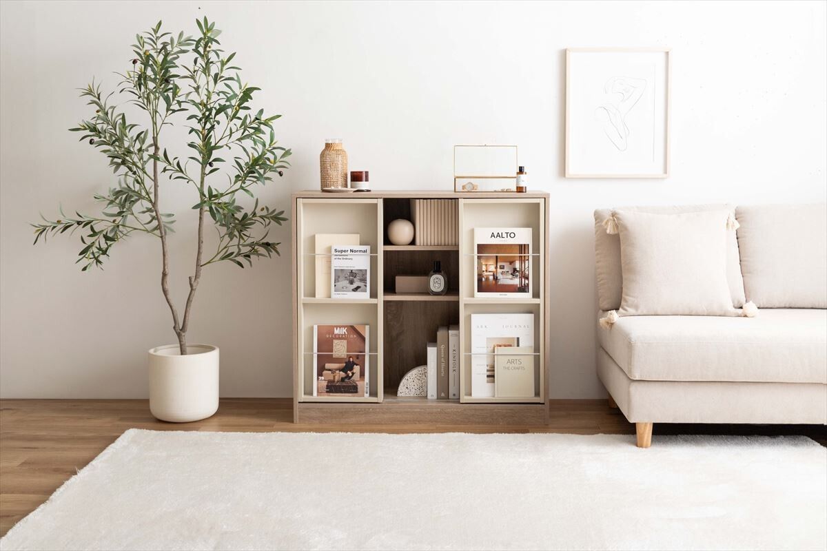 幅96cm】Mysa スライド収納付本棚ラック ナチュラル 【送料無料】Mysa