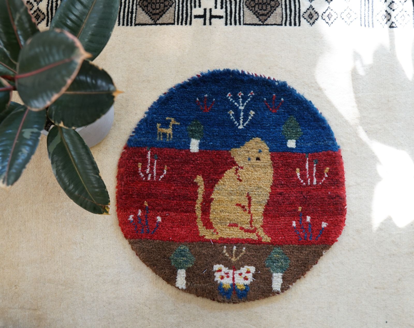 ペルシャギャベ　ペルシャ　手織　40×40 イラン　ウール　ネコ ペルシャギャベ ペルシャ 手織 40×40 イラン ウール ネコ