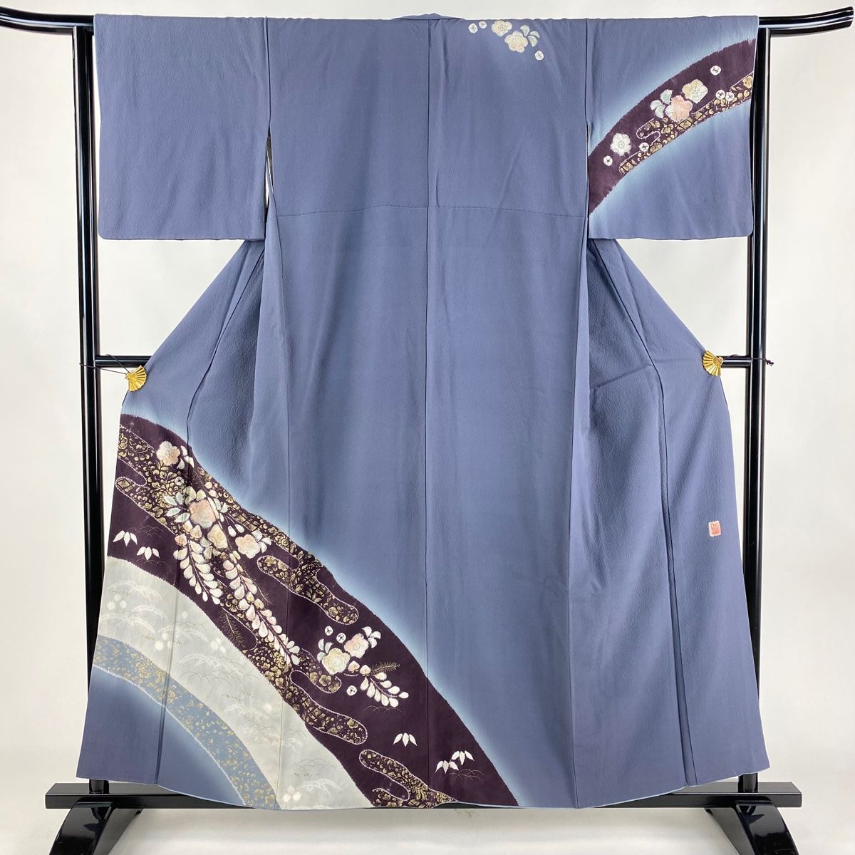 訪問着 身丈155.5cm 裄丈65cm M 袷 滝泰 落款 辻が花 芝 金彩 ぼかし 灰紫 正絹 秀品