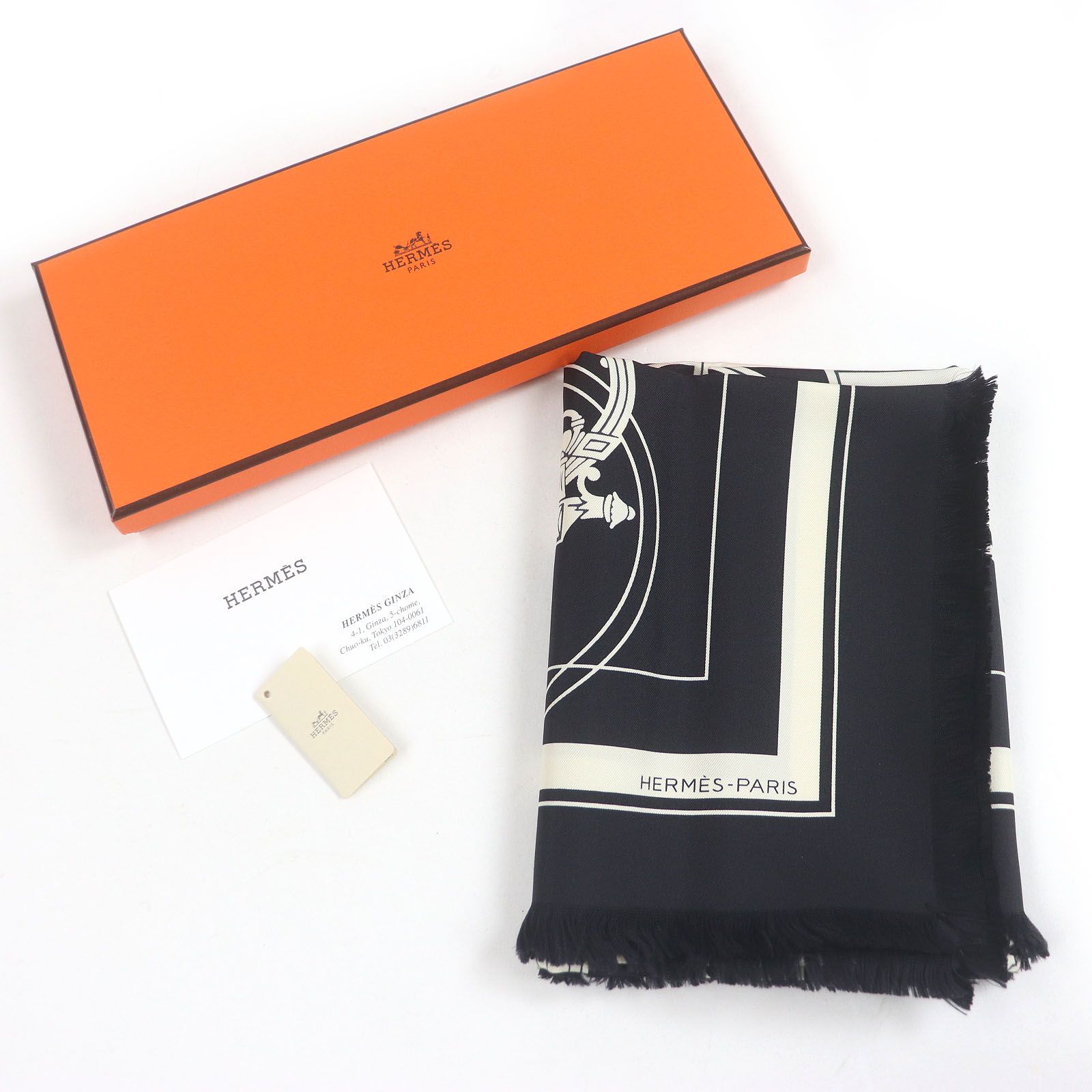 □HERMES エルメス カレ 80 エクスリブリス シルク100% フリンジ スカーフ ブラック エクリュ き フランス製 レディース