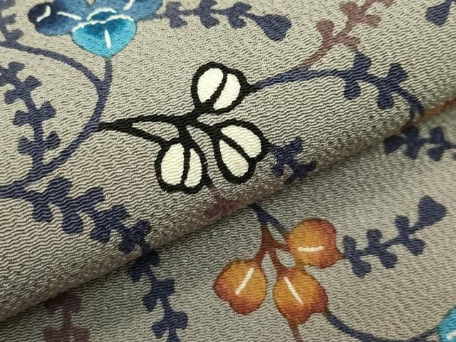 平和屋本店■最高級　城間栄順　本場琉球紅型　九寸名古屋帯　草木文　鬼しぼ縮緬　利休色地　逸品　未使用　CZAA2691s5 平和屋本店□最高級 城間栄順 本場琉球紅型 九寸名古屋帯 草木文 鬼