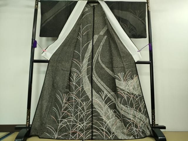 平和屋着物■極上　訪問着　無双　紗袷　紗×紗　芒　すすき　黒地　逸品　DZAA9126kh5 平和屋着物□極上 訪問着 無双 紗袷 紗×紗 芒 すすき 黒地 逸品