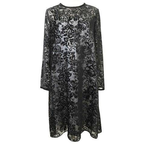 ジバンシィ GIVENCHY フラワー シースルー ワンピース ロング バラ ローズ フロッキープリント 長袖 12号 黒 ブラック AA