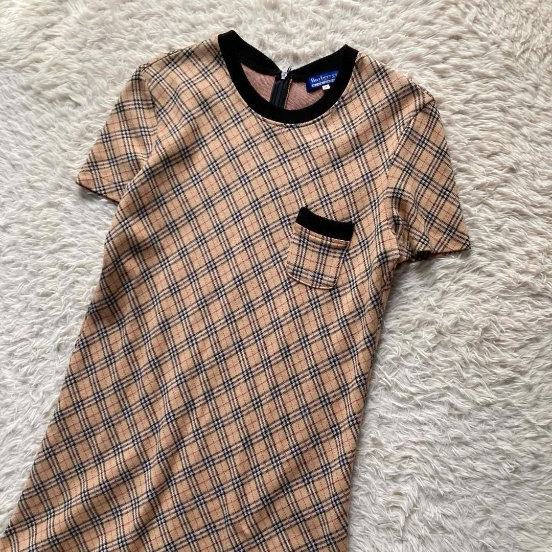 BURBERRY BLUE LABEL バーバリーブルーレーベル ヴィンテージ ビンテージ Y2K リバイバル アイコン ノバチェック コットンニット ひざ上 ミニ ワンピース 半袖 胸ポケット ベージュ Mサイズ