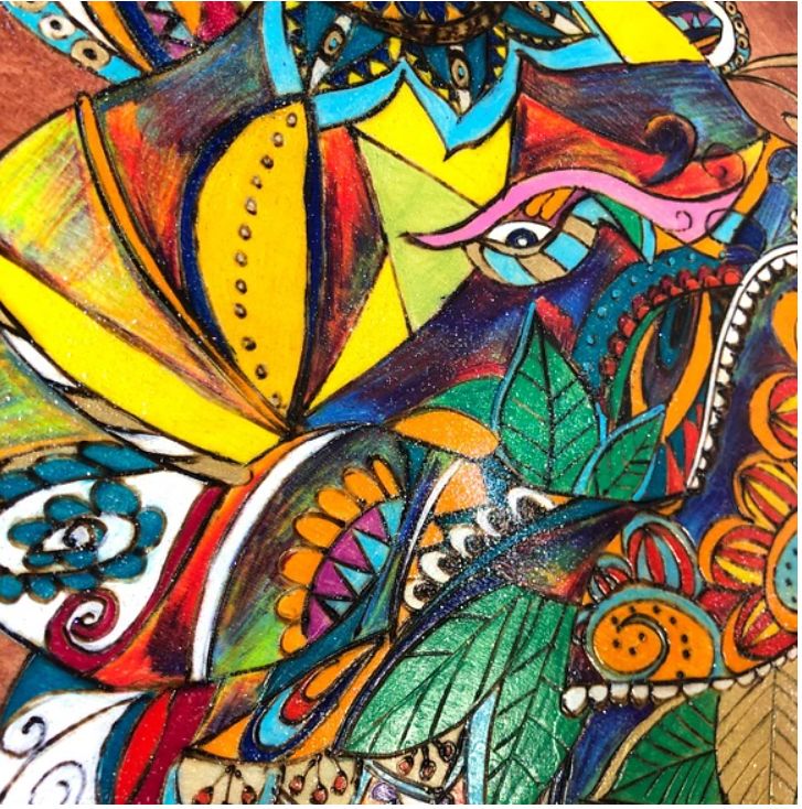 送料無料】ガネーシャの絵A3サイズ ターコイズ＆オレンジ系（額付き